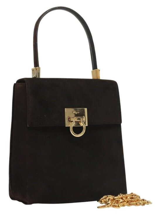 Salvatore Ferragamo Handbags - Salvatore Ferragamo Gancini Hand Bag Suede 2way Black Gold Auth BA2414